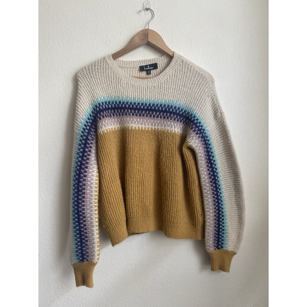 Lulus Adorable Expression Teal Multi Color Block Cable Knit Sweater Women’s M